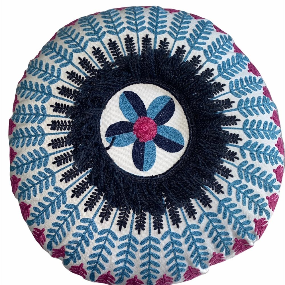 Floral Boho Embroidered Fringe Throw Pillow 16" Round